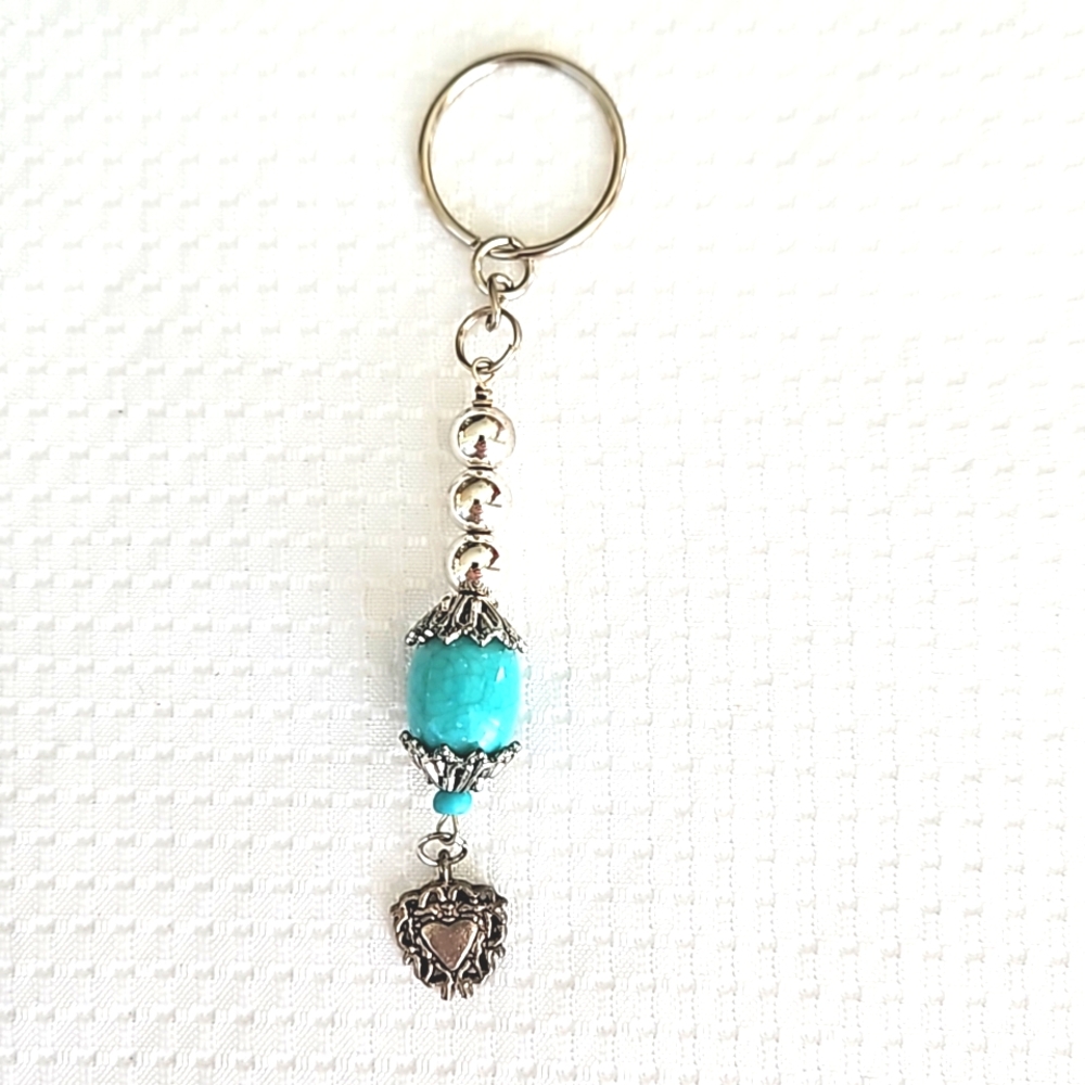 Hand Crafted Turquoise Stone Silver Heart Keychain